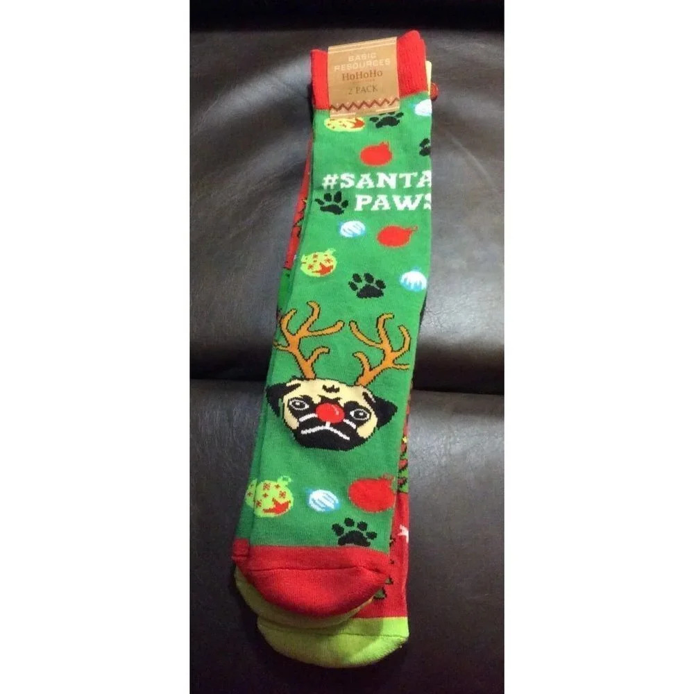 Basic Resources 2 Pack Men's Pug Dog Christmas Socks Santa Paws‎ Reindeer